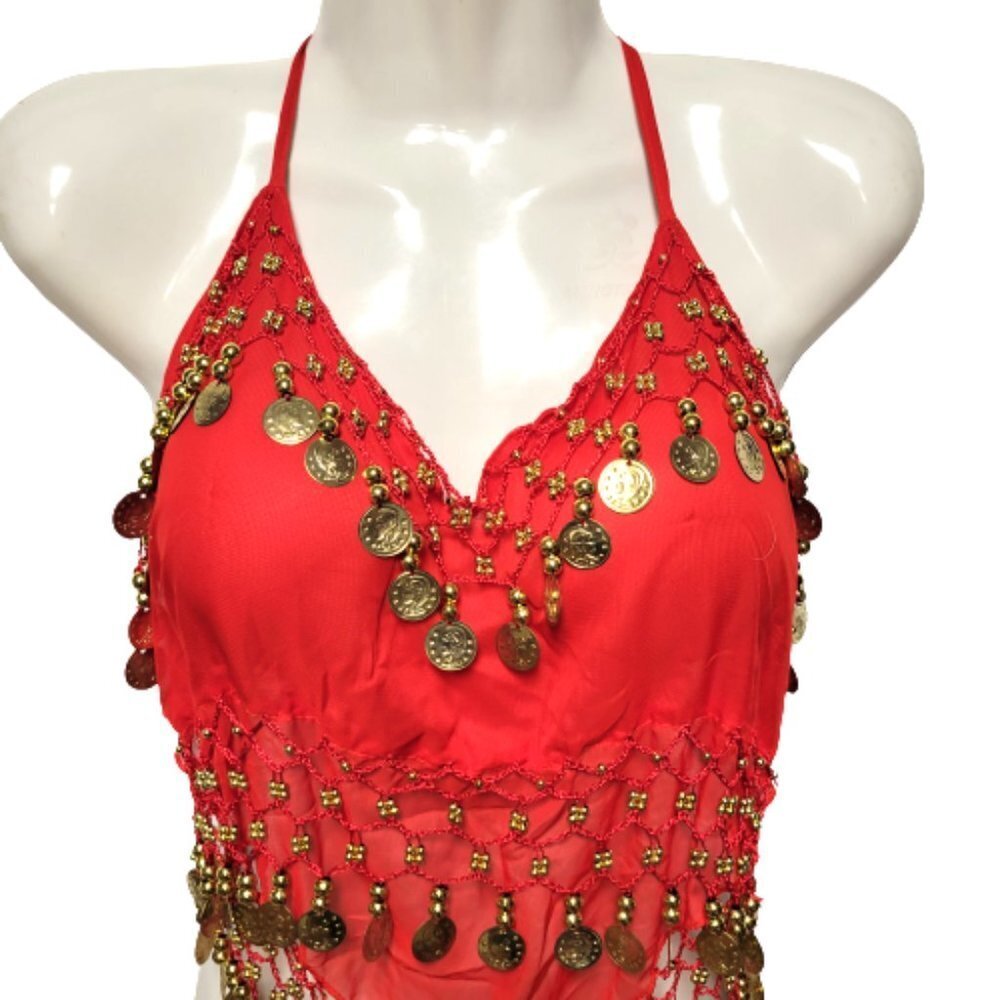 Red Belly Dancing Top Crocheted with Gold Beads Coins Halter Crop Top - NEW ! - Picture 2 of 6